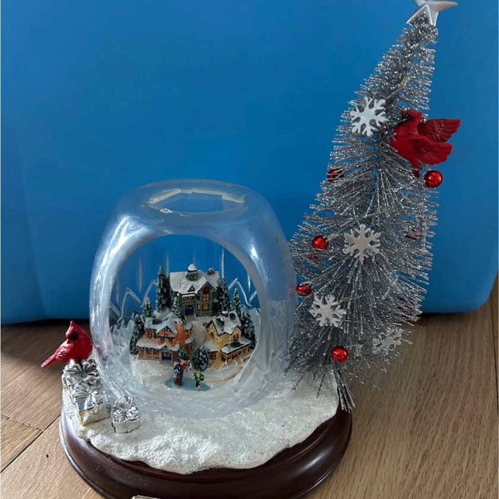Thomas Kinkade Festive Silver Holiday Snow Globe with Tree and Cardinals